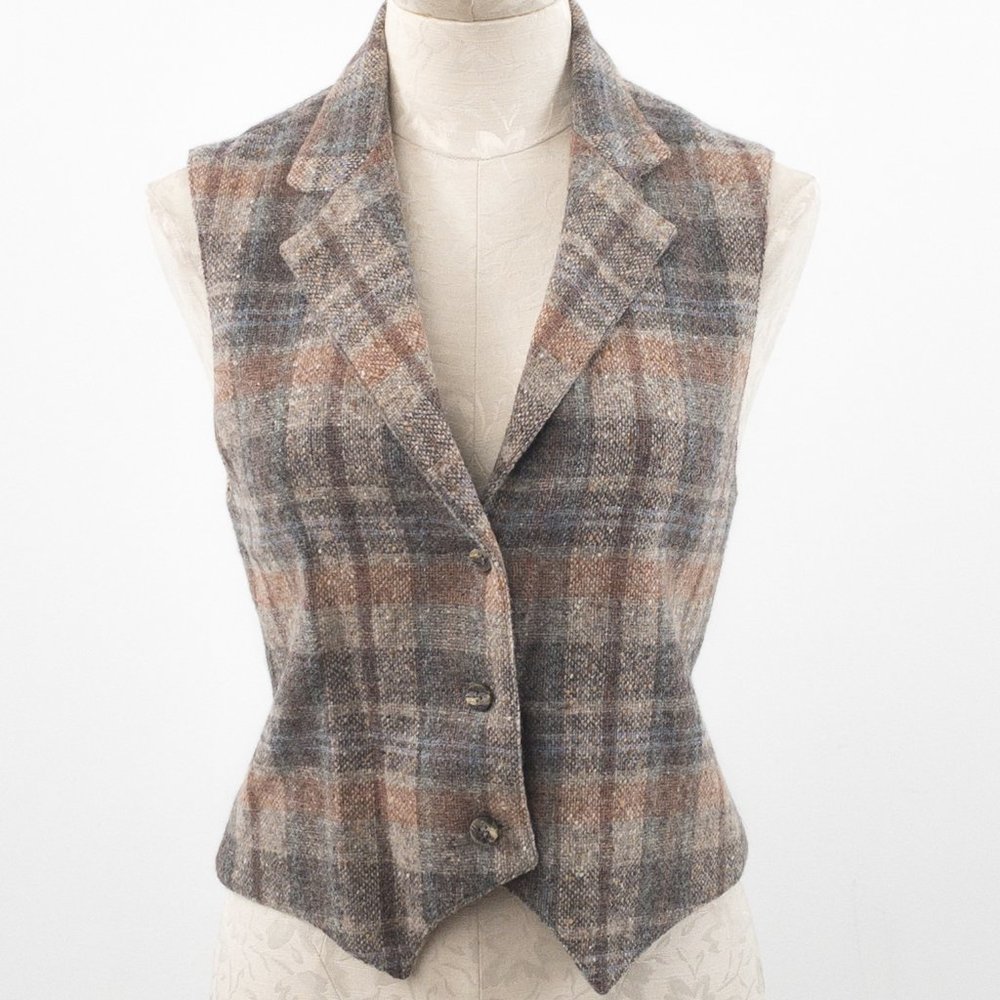 Vintage 70s S Tailored Wool Plaid Suit Vest Top - Picture 11 of 11